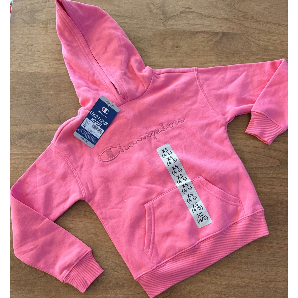 Champion Kids Logo Fleece Hoodie Pink Pullover Sweatshirt XS 4/5 NEW